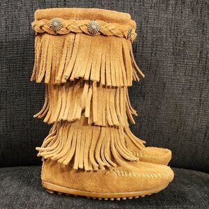 Minnetonka Tan Suede 3 Layer Fringe Calf Boots - Infant Girl's Size 7